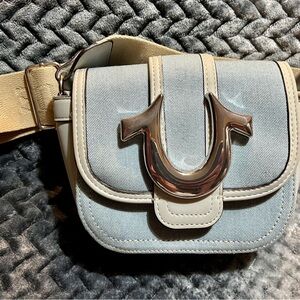 True Religion Denim and Grey Crossbody Bag with Tan Strap.